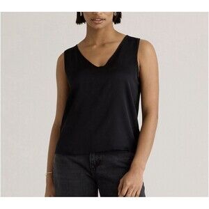 Quince Black V-Neck Sleeveless Satin-Look Tank